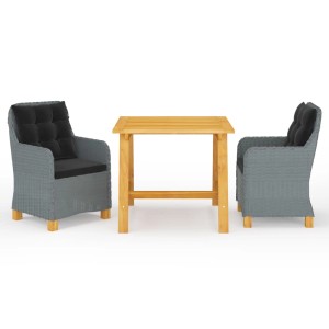 3-tlg. Garten-Essgruppe Hellgrau: Tisch aus Akazienholz, Rattanstühle mit schwarzen Polstern.
