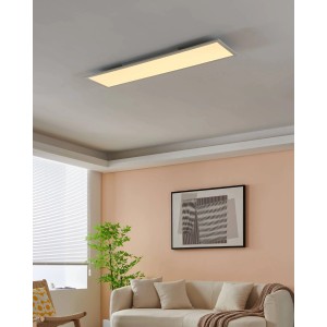 Weiße, rechteckige Eglo LED-Deckenleuchte Salobrana-Z (120x30 cm) im Wohnraum.