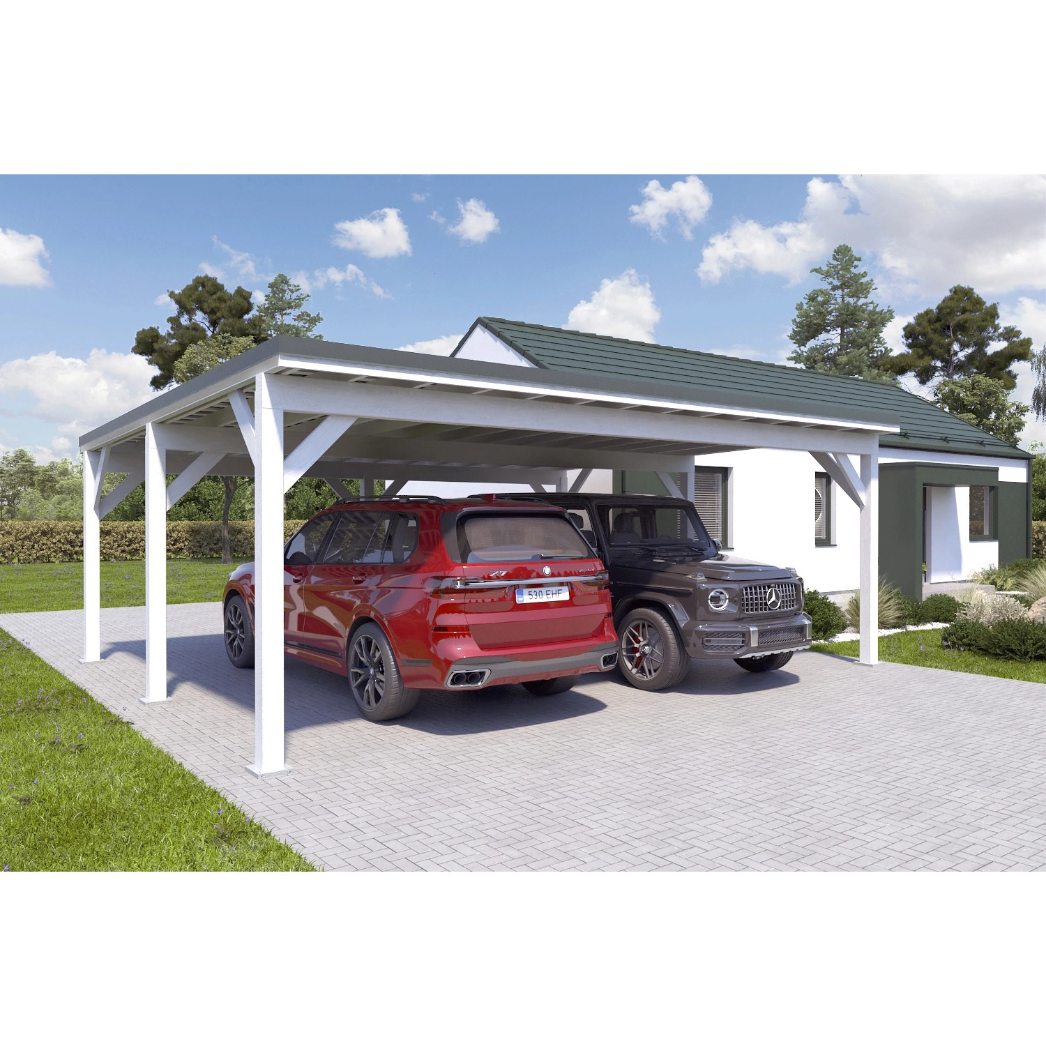 Holzbrüder Carport Ralf 42m² 150kg/m² Reinweiß-Dornengrün günstig online kaufen