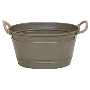 Olivgraue Zinkwanne Beat Oval Rope von M Collections, 22x30x43 cm, mit Seilgriffen. Pflanzkübel für Garten und Balkon.