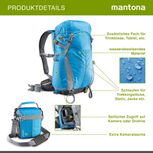 Blauer Mantona Elements Outdoor Rucksack mit Kameratasche, wasserabweisendem Material und seitlichem Kamera-Zugriff.