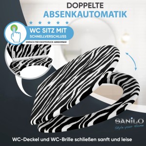 SANILO WC-Sitz mit Zebra-Muster, doppelter Absenkautomatik und Schnellverschluss. Leicht abnehmbar für Bad & WC.