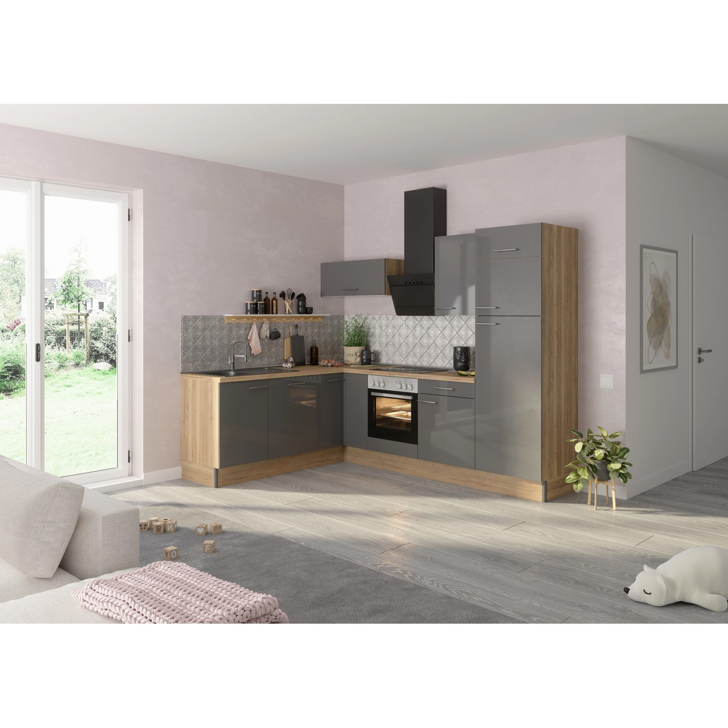Optifit Winkelküche/L-Küche Optikoncept Jonte 270 cm Anthrazit-Wildeiche Nachb.