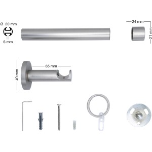 Mydeco Gardinenstange Edelstahl, 20mm Ø, 100cm, mit Endstück Cap und Zubehör.
