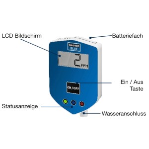 Wagner BLUE In-Line TDS-Messgerät, blau-weiß, mit LCD-Anzeige (2 PPM), ON/OFF-Taste, Status-LEDs und Wasseranschluss.