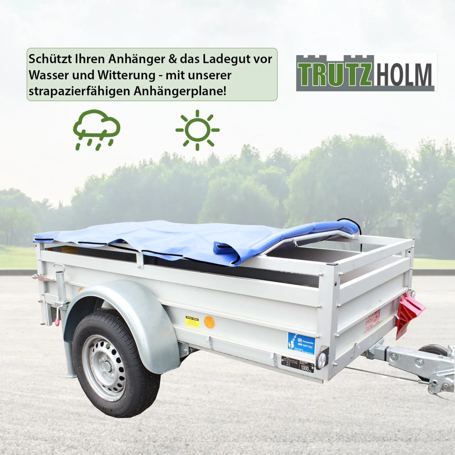 TRUTZHOLM Anhänger mit blauer Flachplane, Zubehör für Autoanhänger.