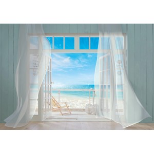 Komar Fototapete Malibu mit Meerblick durch geöffnete Tür und wehenden Vorhängen.