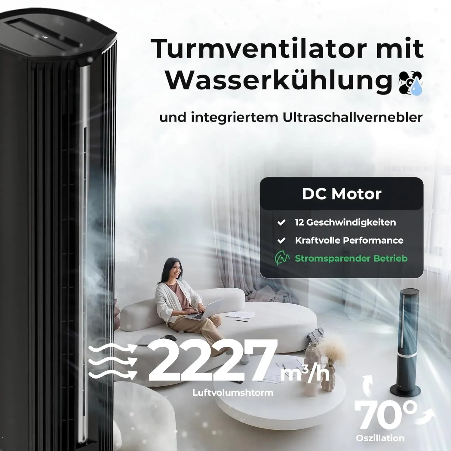 Balter Turmventilator VT-11-BL mit Luftbefeuchter und Wasserkühlung im modernen Wohnraum.