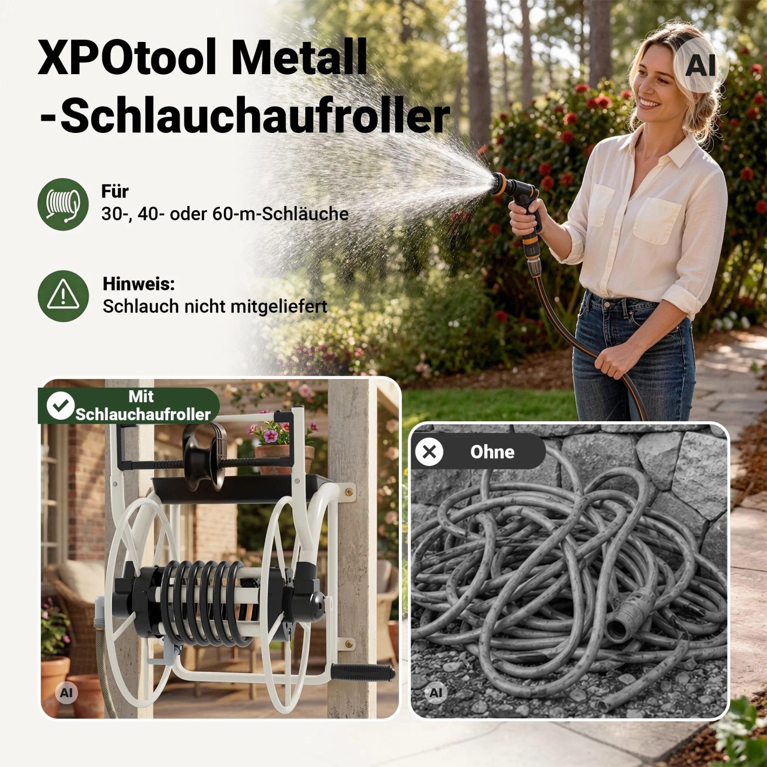 XPOtool Metall-Schlauchtrommel wandmontiert, mit Kurbel. Ordentlicher Gartenschlauch, Frau bewässert Garten.