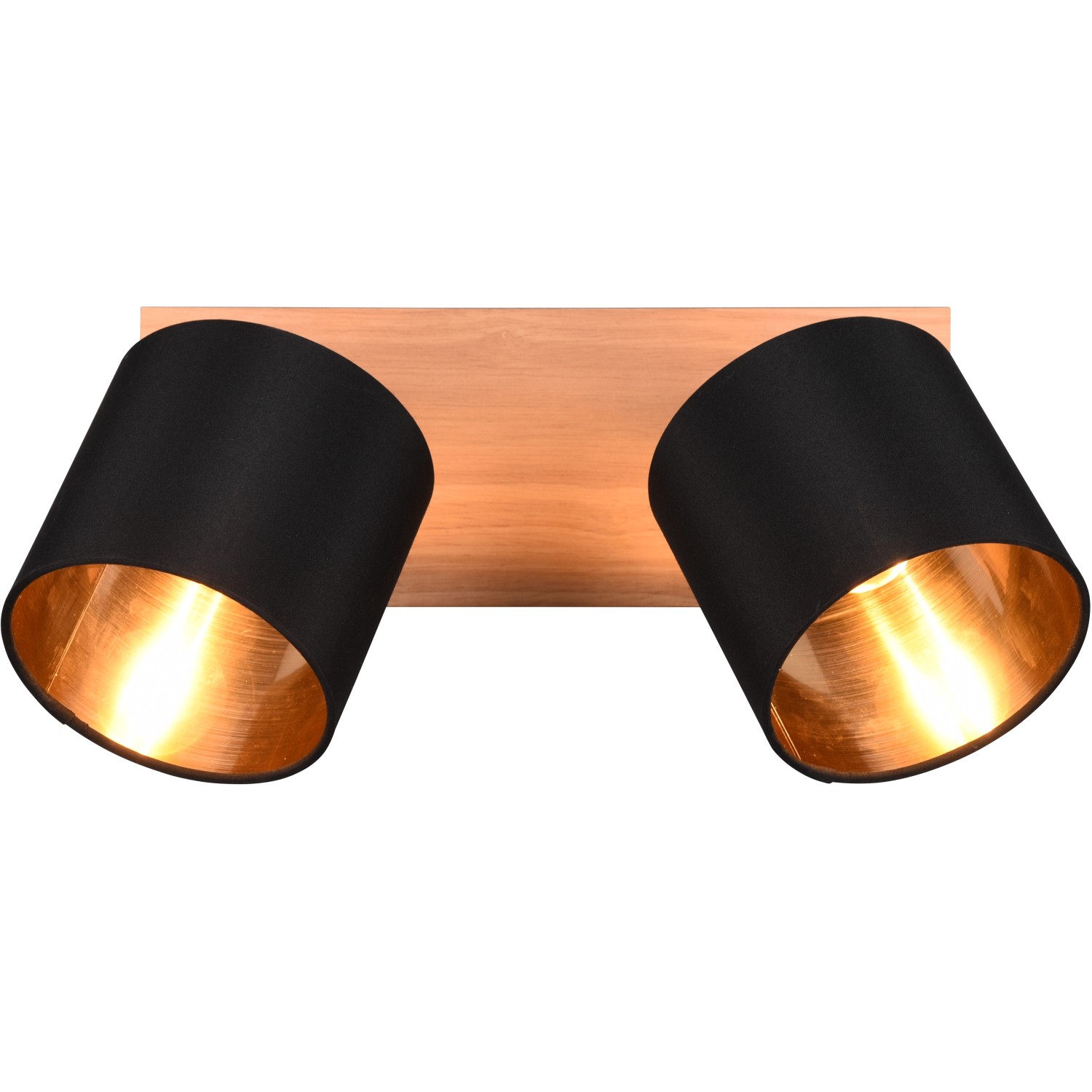 Reality Tommy Strahler, 2-flammig, Holzfarbig mit schwarzen Stoffschirmen und goldener Innenseite.