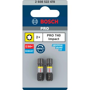 Zwei Bosch Insert Bits T40 Impact Control in Blisterverpackung. Robuste schwarze Bits mit gelben Markierungen für Schlagschrauber.