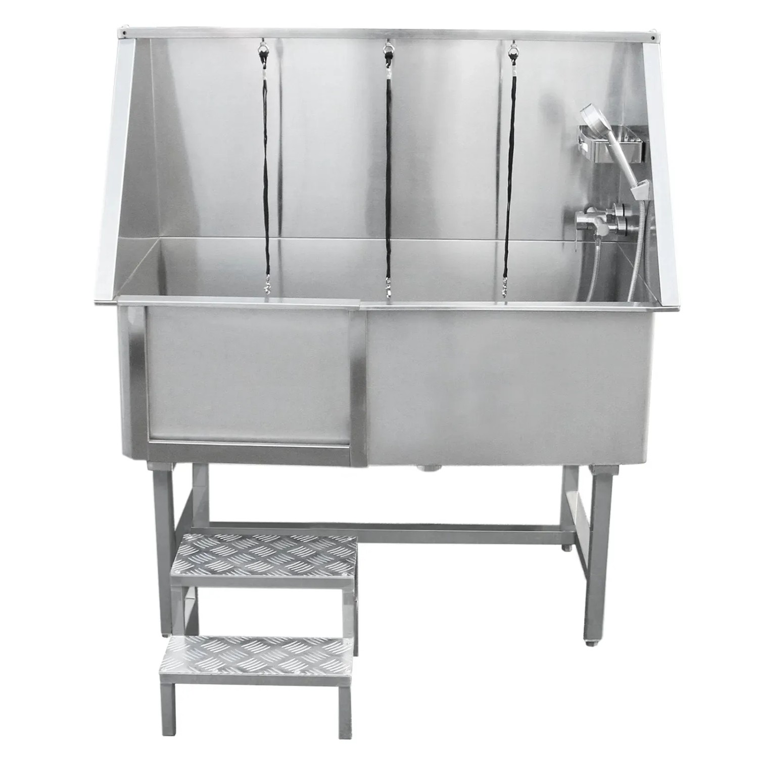 Monstershop Edelstahl Haustierbadewanne 600mm mit Treppe und Brause für die Hundefellpflege.