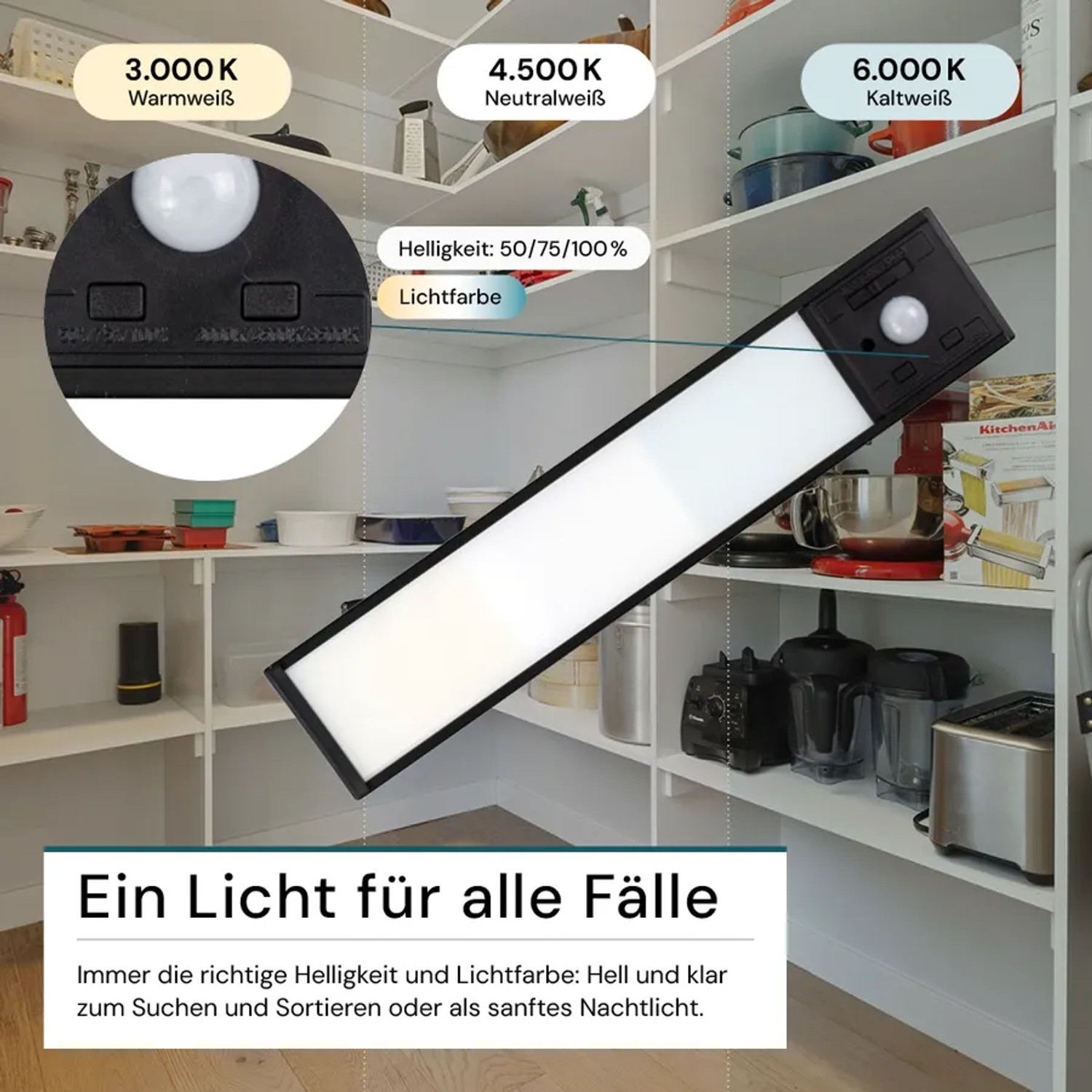 Schwarze LUXULA LED Unterbauleuchte mit Akku, dimmbar, verschiedene Weißtöne, magnetisch, kabellos, 20cm.