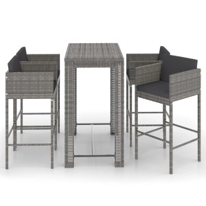 Graues 5-tlg. vidaXL Gartenbar-Set aus Polyrattan mit Tisch, Hockern und Kissen.