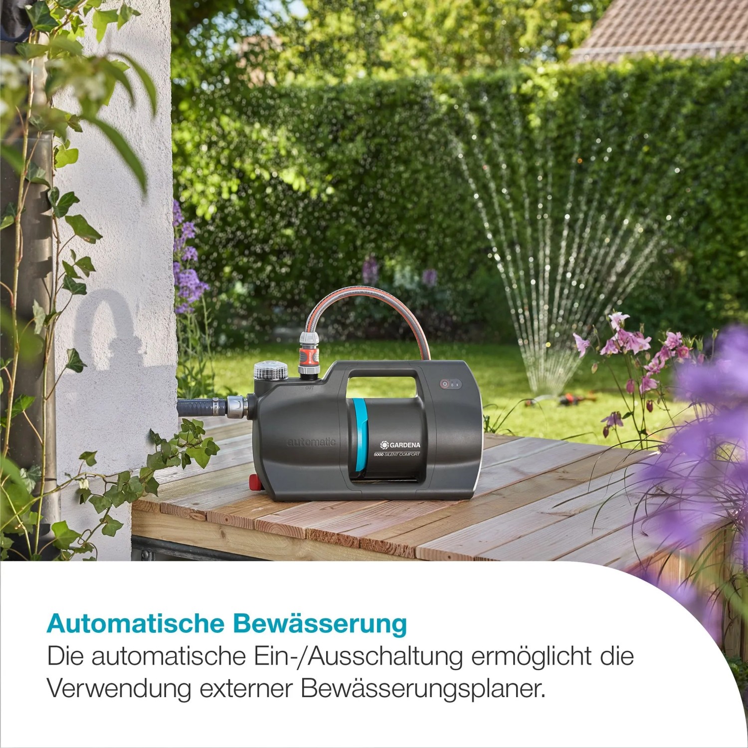 Gardena Haus- und Gartenautomat 5000 Silent Comfort im Einsatz zur Gartenbewässerung.
