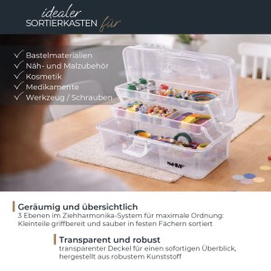 HMF STK901-01 Nähkasten Mit 3 Ebenen Sortierbox Transparent 365x205x160 mm Für Nähzubehör Und Handarbeitsmaterial