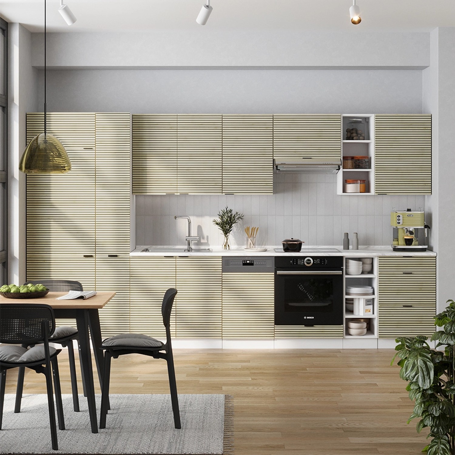 Vicco Fame-Line Küchenzeile in Eiche Paneel/Weiß, 355 cm breit, ohne Arbeitsplatte.