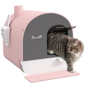 Rosa PawHut Katzentoilette mit Deckel und Katze beim Verlassen des Katzenklos.