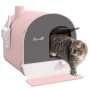 Rosa PawHut Katzentoilette mit Deckel und Katze beim Verlassen des Katzenklos.