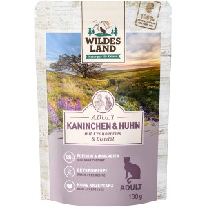 Wildes Land Katzen-Nassfutter Kaninchen & Huhn, 100g Packung. Getreidefrei mit Distelöl.