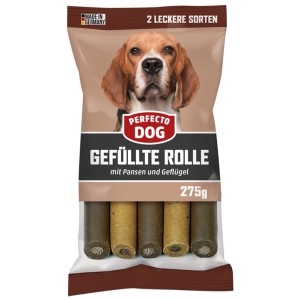 Perfecto Dog gefüllte Rolle Pansen Geflügel, Hunde-Snack im 275g-Beutel.