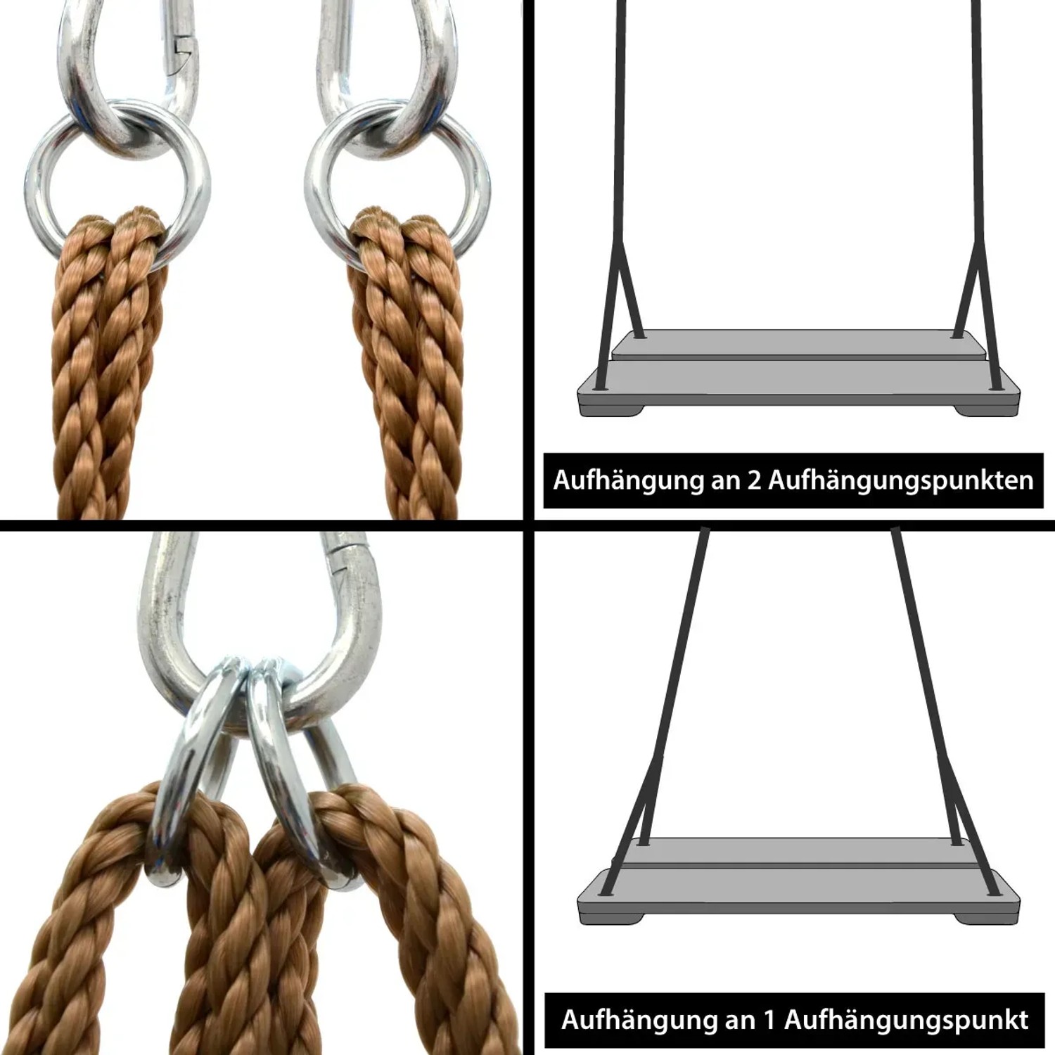 LittleTom Brettschaukel: Detailansicht der Aufhängung mit Seil an 1 oder 2 Punkten.