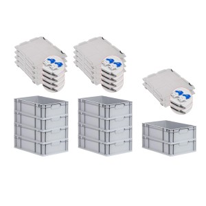PROREGAL Spar Set: 10 graue Euroboxen mit Scharnierdeckel und blauen Verschlüssen, 34 Liter.