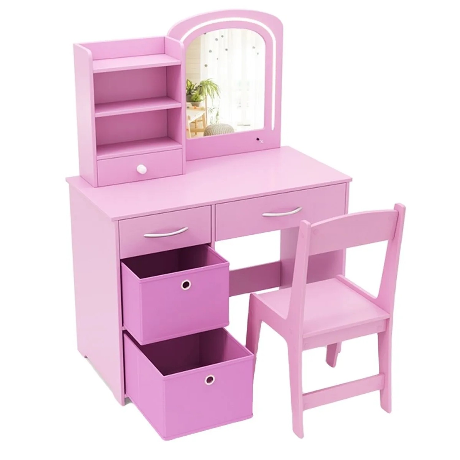 Costway Kinder Schminktisch mit Beleuchtung & Spiegel & Box-In Rosa