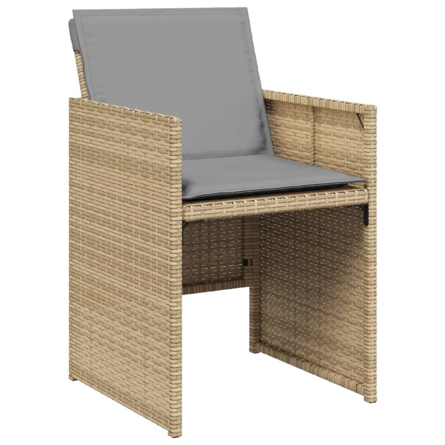 Gartenstuhl aus Poly Rattan in Beige mit hellgrauem Kissen, Teil der vidaXL Garten-Essgruppe.