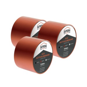 Drei Rollen Daprona Butylband, Ziegelrot, 10m x 100mm, Alu Dichtband für Reparaturen.
