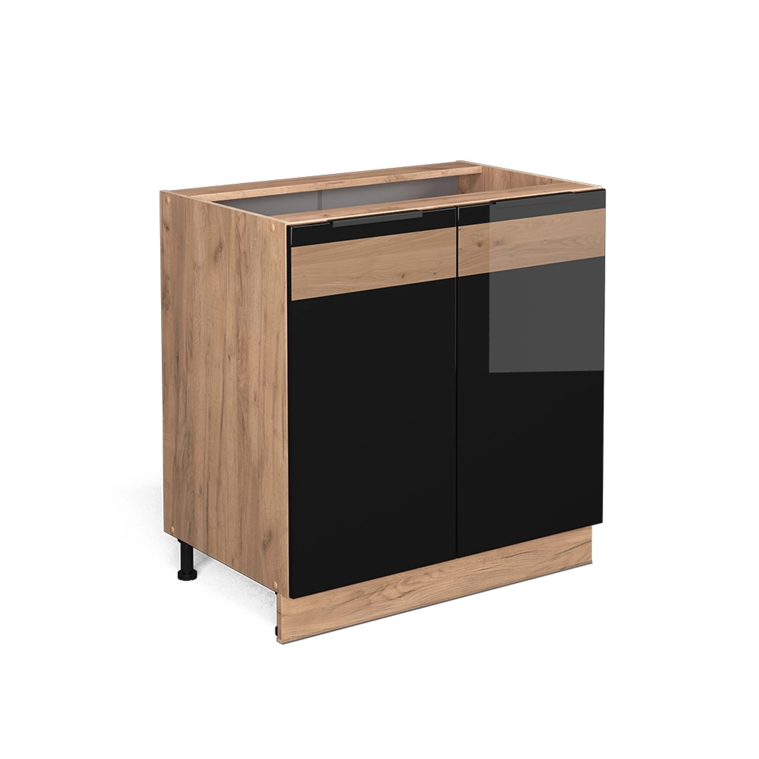 Vicco Spülenunterschrank Fame-Line Schwarz-Eiche Hochglanz/Goldkraft Eiche 80 cm mit Regal ohne Arbeitsplatte