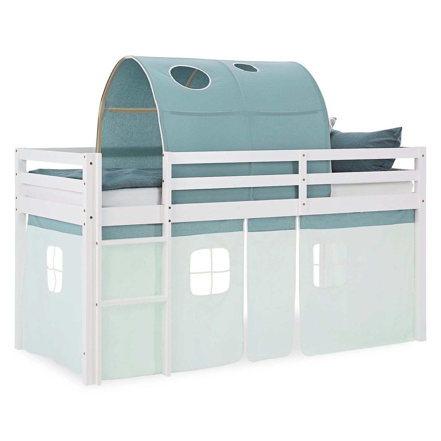 Homestyle4u Kinder Hochbett 90x200 mit Tunnel Vorhang Grün Kinderbett 2931