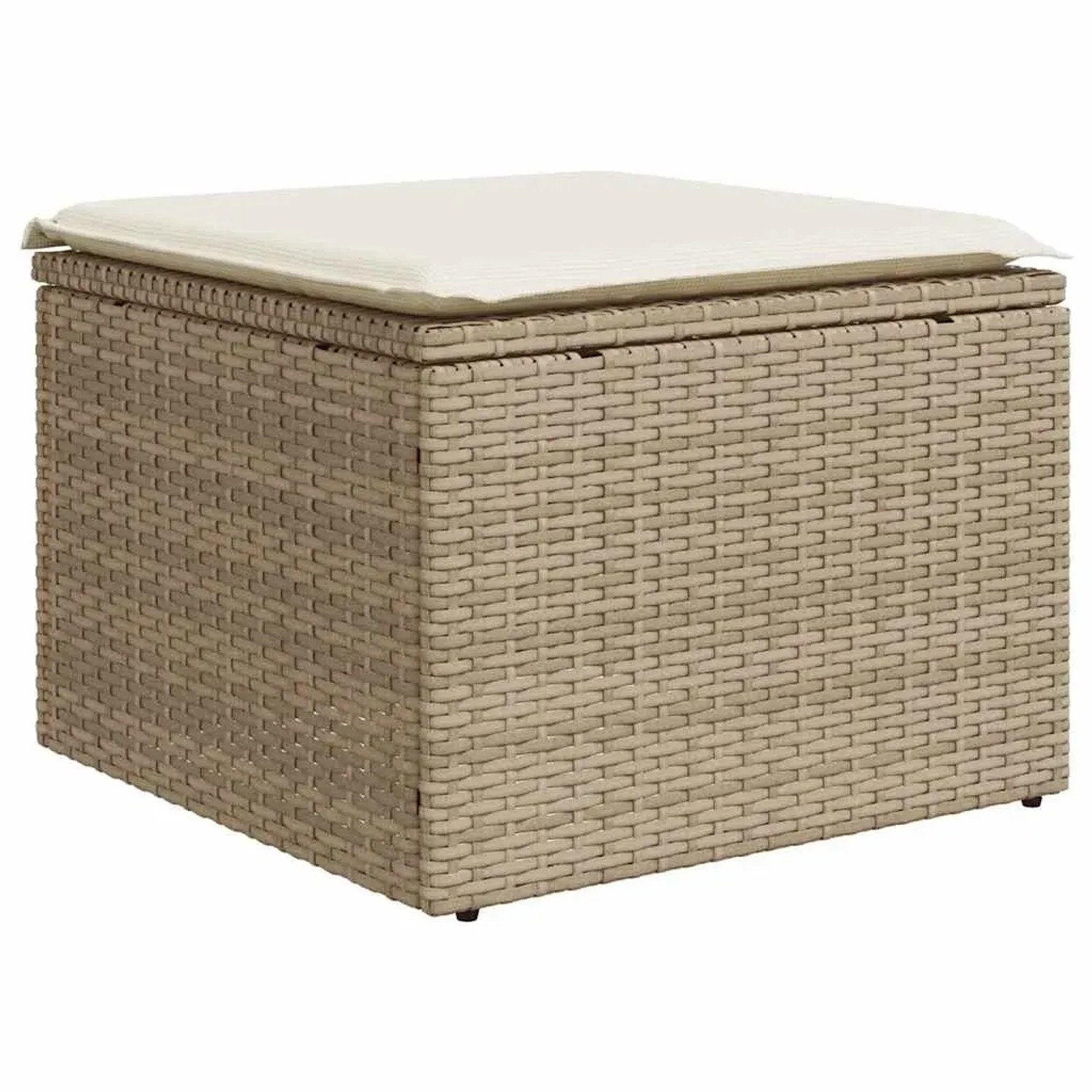 Beiger vidaXL Gartenmöbel-Fußhocker aus Polyrattan mit cremefarbenem Kissen.