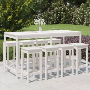 Weißes 9-teiliges Gartenbar-Set aus Kiefernholz. Bartisch mit 8 Barhockern für Garten, Terrasse oder Balkon.