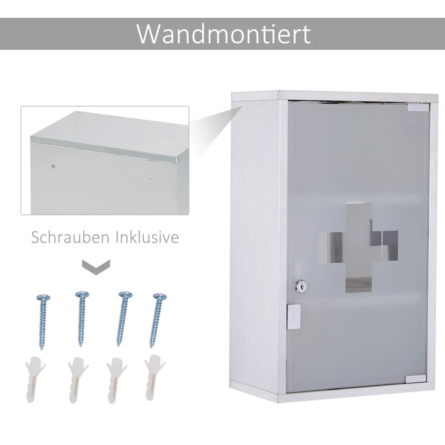HOMCOM Medizinschrank aus Edelstahl mit Schloss und satiniertem Glas, inklusive Schrauben für die Wandmontage.