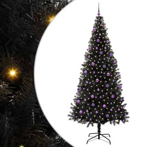 Schwarzer vidaXL Weihnachtsbaum mit 300 LEDs, 240 cm hoch, mit lila Kugeln.