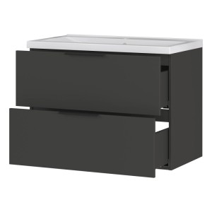 Germania Waschtischunterschrank Graphit mit Becken, 81x65x47cm, zwei Schubladen teilweise geöffnet.