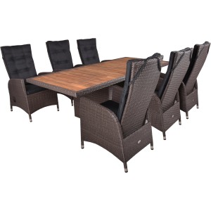 7-teiliges Gartenmöbel-Set Braga in Weidengrau mit Tisch und Stühlen mit grauen Auflagen.