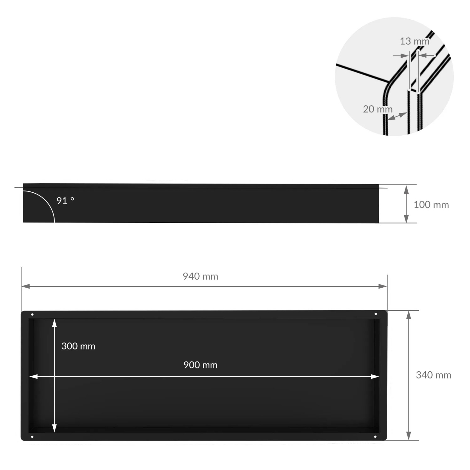 Technische Zeichnung: LuxeBath Wandnische, 90x30x10 cm, Edelstahl, schwarz, Maße und Details.