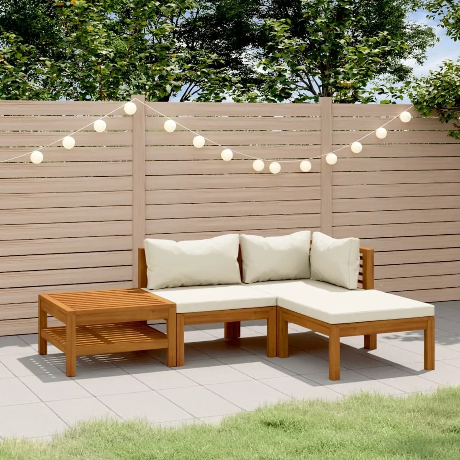 vidaXL 4-tlg. Garten Lounge Set aus Akazienholz mit creme Kissen. Gartenmöbel für Terrasse und Garten.