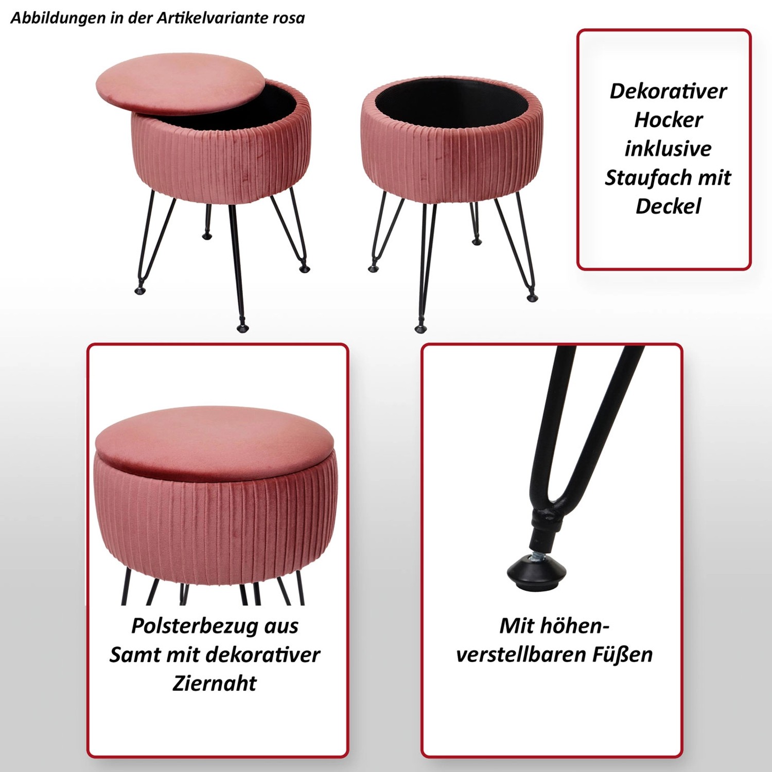 MCW Sitzhocker K47 grün mit schwarzem Gestell, Samtoptik, Staufach und höhenverstellbaren Füßen.