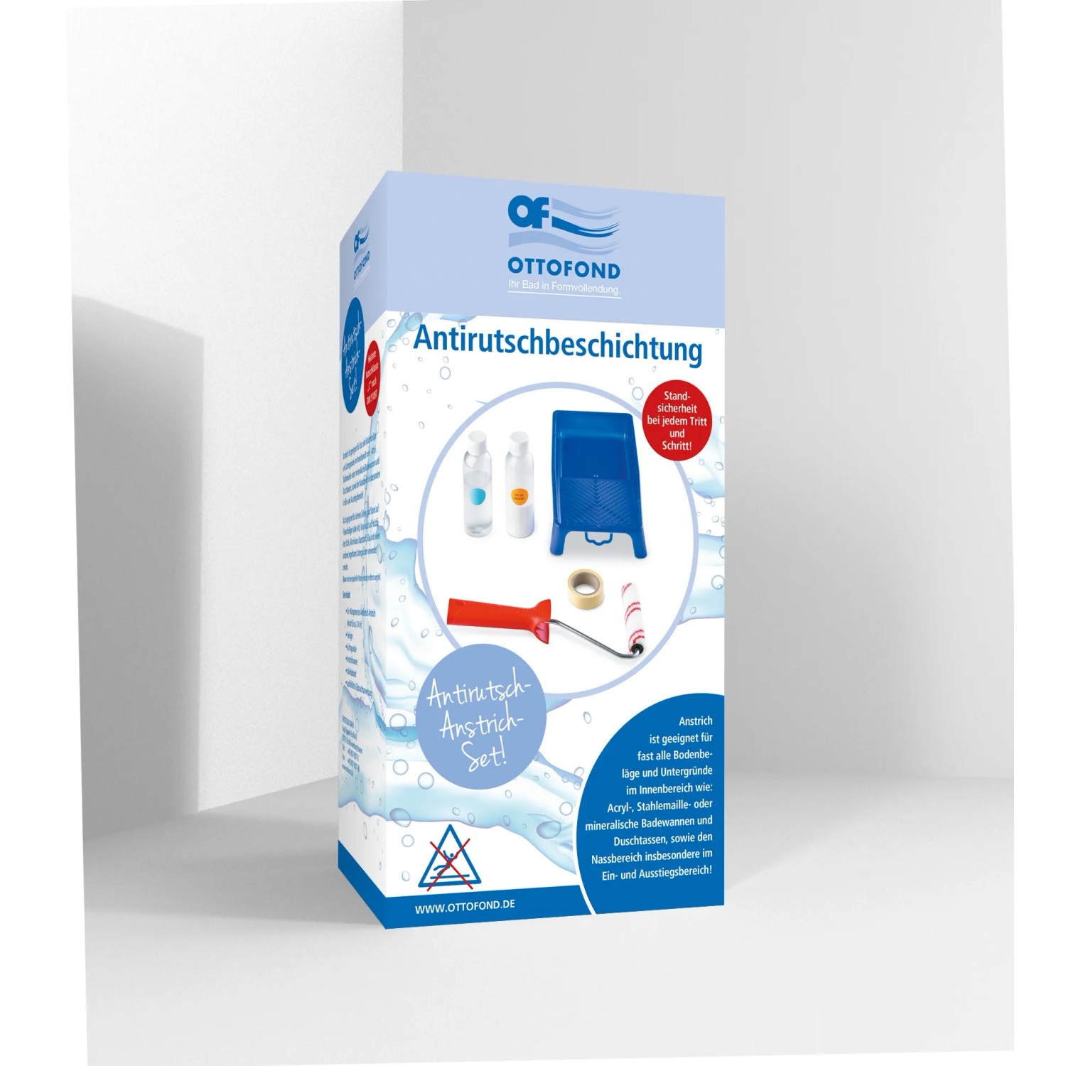 Antirutsch-Anstrich-Set für Badewanne und Dusche mit Reiniger, Walze, Wanne und Klebeband.