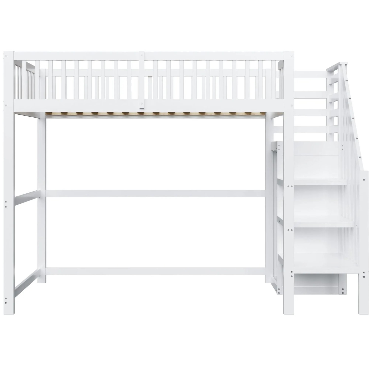 okwish Hochbett 90x200cm mit Treppe und Aufbewahrungsregal Weiß ohne Matratze