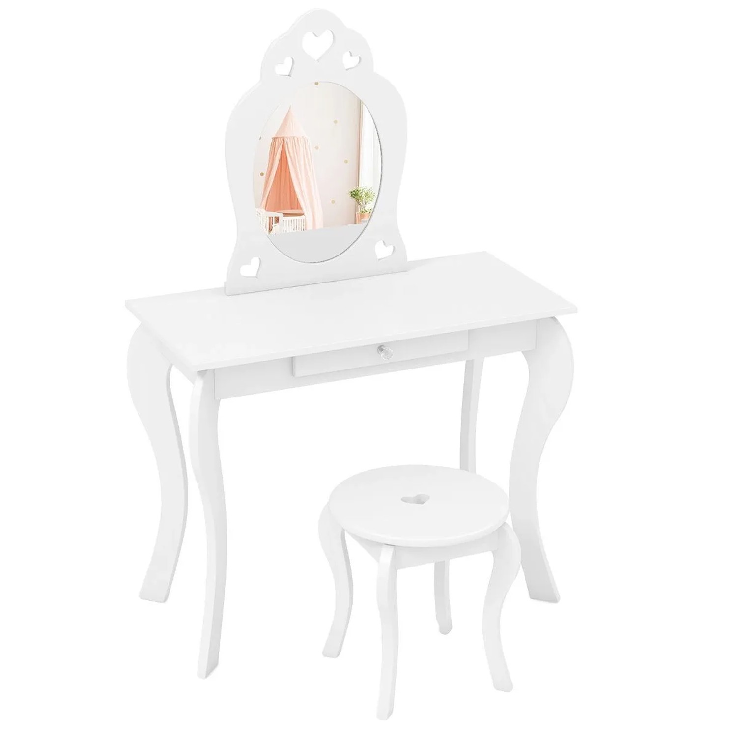 Costway Kinder Schminktisch mit Hocker & Spiegel 70 x 34 x 105 cm Weiß günstig online kaufen
