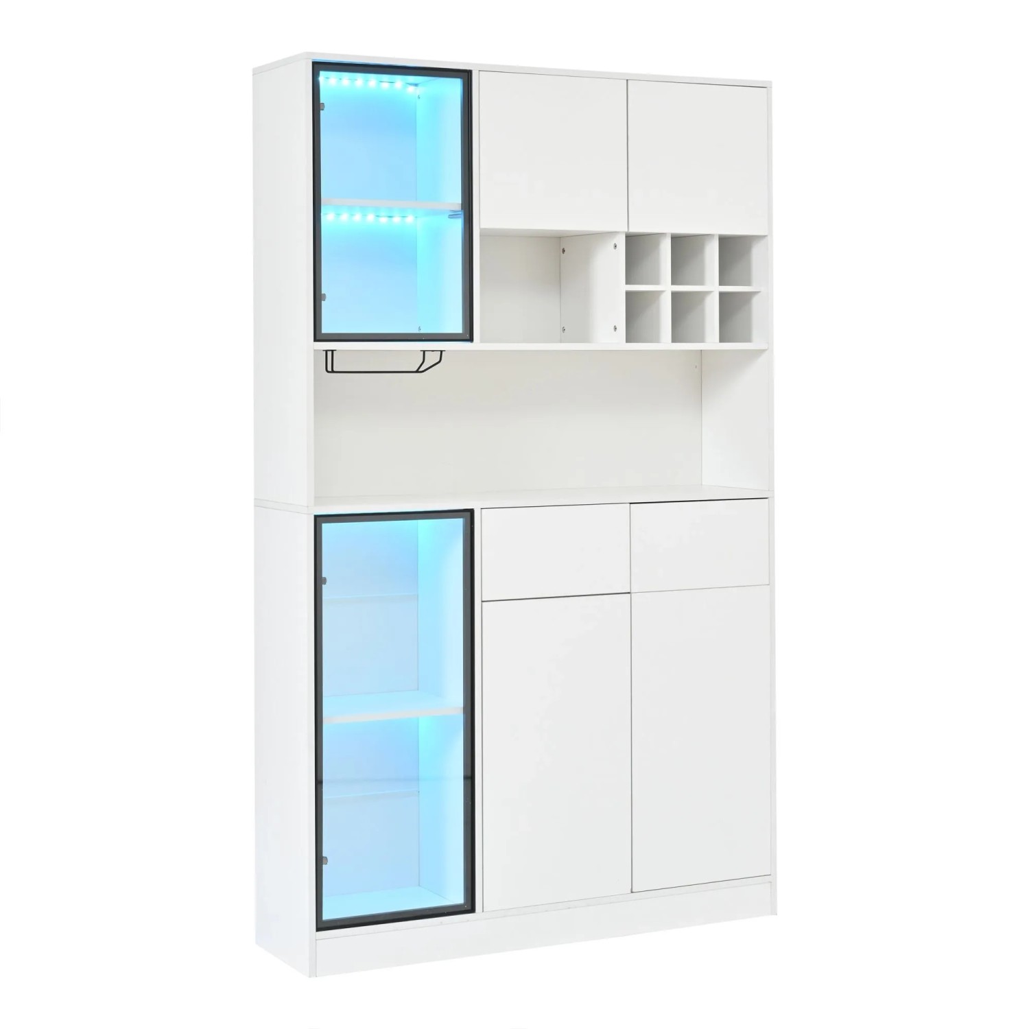 Merax Hochschrank Vitrine mit LED 6 Türen 2 Schubladen Weinschrank