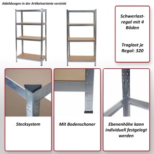 Schwarzes MCW Schwerlastregal D67 mit 4 Böden, Stecksystem und Bodenschoner.