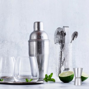 Glänzendes 5-teiliges Edelstahl Cocktailset mit Shaker, Messbecher, Löffel, Sieb, Eiszange für Cocktails.