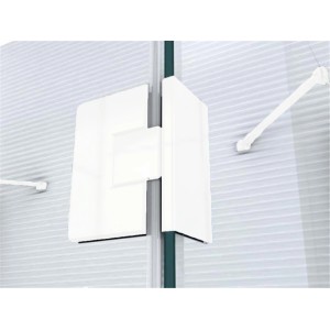 Detailaufnahme: Weiße U-Duschkabine Ares von Glaszentrum Hagen, Scharnier und Stabilisierungsstange.