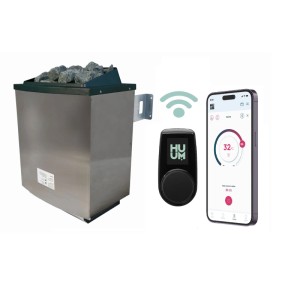 Silberner Karibu Saunaofen 9 kW mit Steinen, externer WiFi-Steuerung und App auf Smartphone.