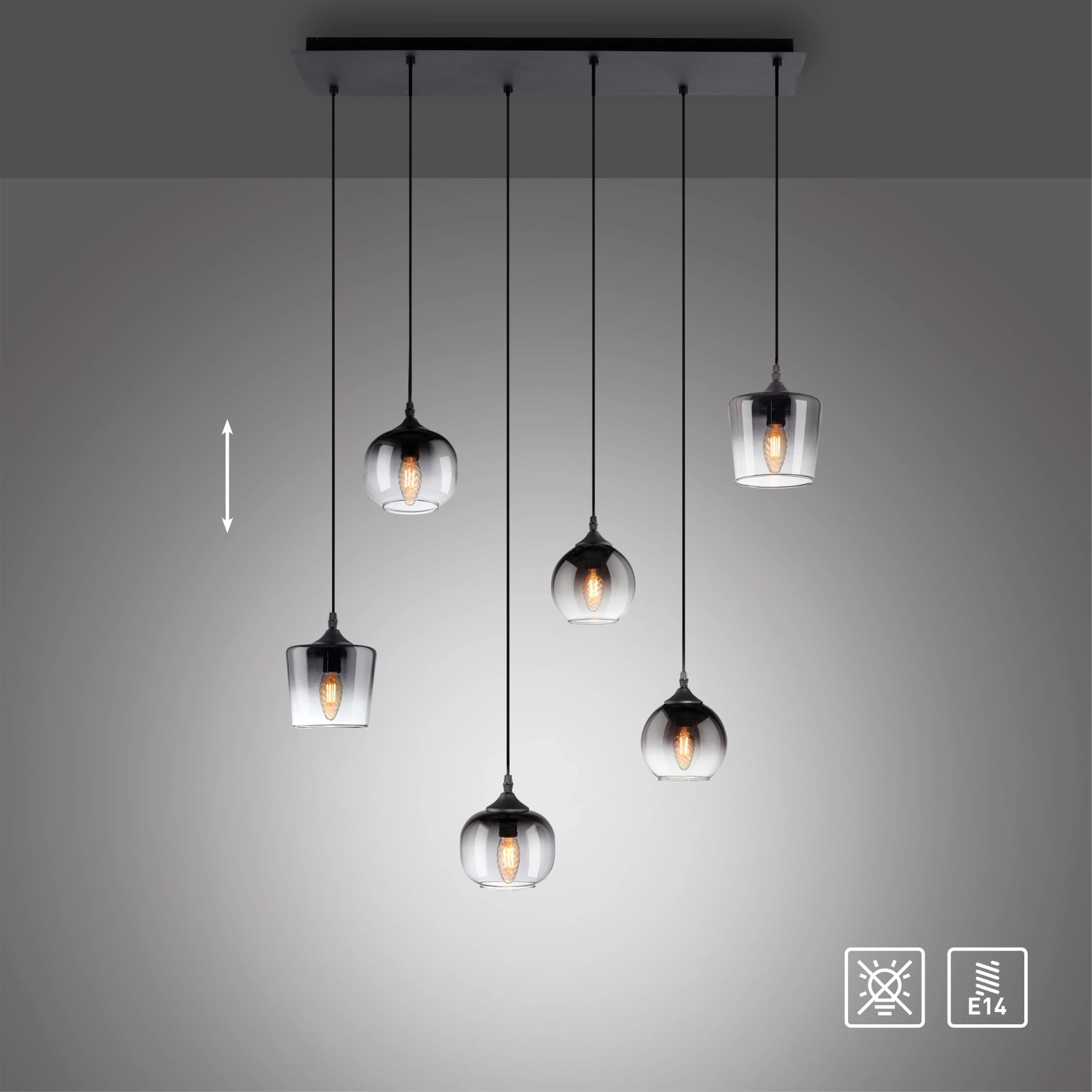 Schwarze 6-flammige Pendelleuchte Zea mit Rauchglas-Schirmen in verschiedenen Formen.
